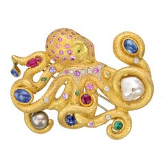 Large Gold & Gem-Set Octopus Brooch