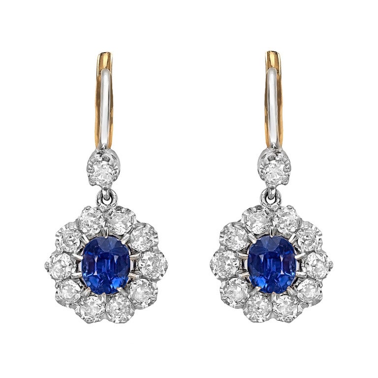 Sapphire and Diamond Cluster Drop Earrings at 1stDibs