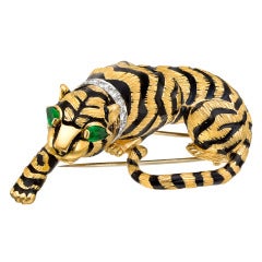 David Webb Enamel Gold Gem-Set Crouching Tiger Brooch