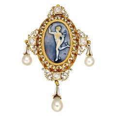 Antique Pearl Diamond Cameo Brooch