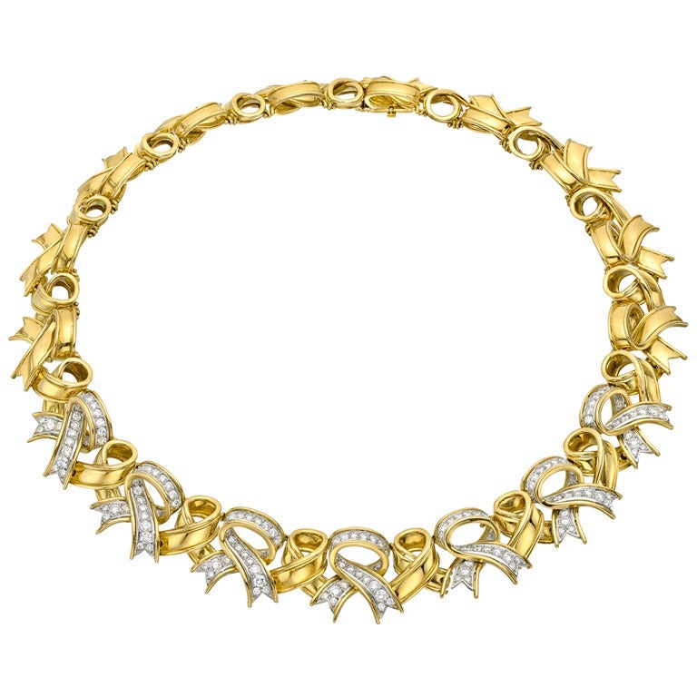 Tiffany & Co. Diamond Gold Bow Link Necklace