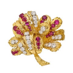 Van Cleef & Arpels Ruby Diamond Gold Foliate Brooch