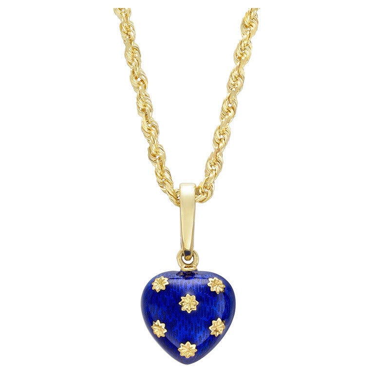 Faberge Blue Enamel Gold Heart Pendant For Sale