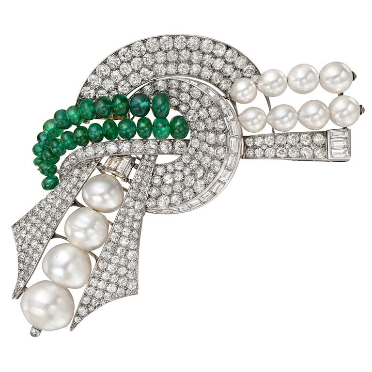 French Retro Diamond Emerald Pearl Scroll Bow Brooch