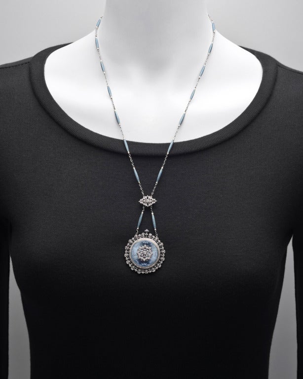 Georgian Tiffany & Co. Platinum, Diamond and Blue Enamel Belle Epoque Pendant Watch with Chain