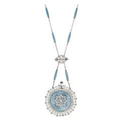 Antique Tiffany & Co. Platinum, Diamond and Blue Enamel Belle Epoque Pendant Watch with Chain