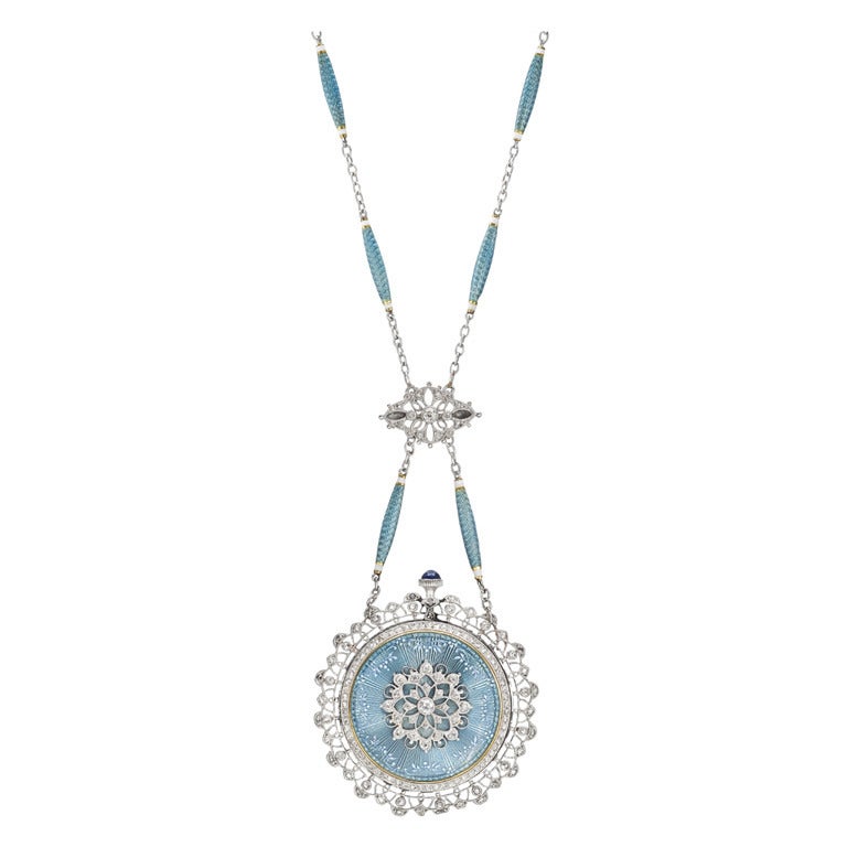 Tiffany & Co. Platinum, Diamond and Blue Enamel Belle Epoque Pendant Watch with Chain