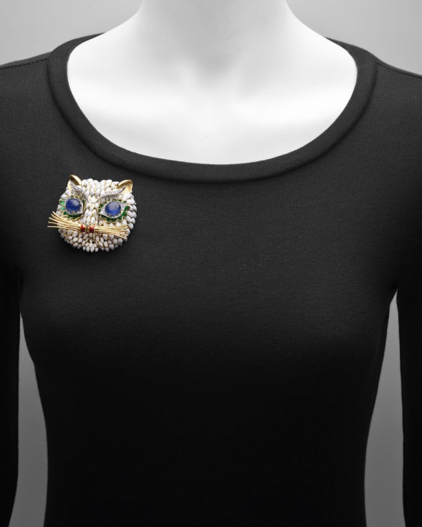 Multicolored Enamel Gem-Set Gold Cat Brooch