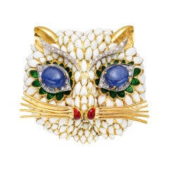 Multicolored Enamel Gem-Set Gold Cat Brooch