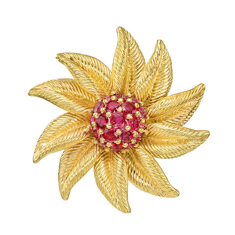Tiffany & Co. Ruby Gold Flower Brooch