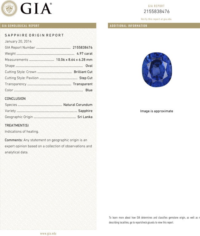 Sapphire and diamond three-stone ring, centering on an oval-cut Ceylon sapphire weighing 4.97 carats, flanked by two oval-shaped diamonds, mounted in platinum. Re-sizable.

GIA-certified: NATURAL SAPPHIRE
Measurements: 10.06 x 8.64 x 6.28