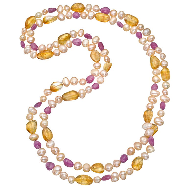 Citrine, Ruby & Pearl Wrap Necklace