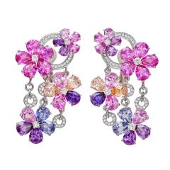 Multicolored Sapphire & Diamond Flower Earrings