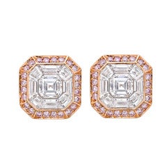 Sasha Primak Asscher-Cut Diamond Earstuds with Pink Diamond Surround