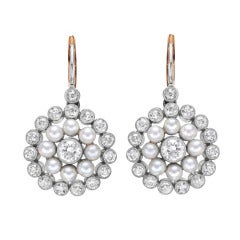 Vintage Seed Pearl Diamond Cluster Drop Earrings