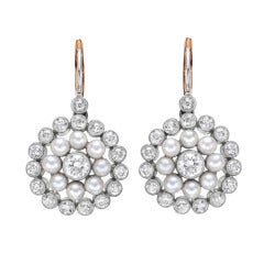 Seed Pearl Diamond Cluster Drop Earrings