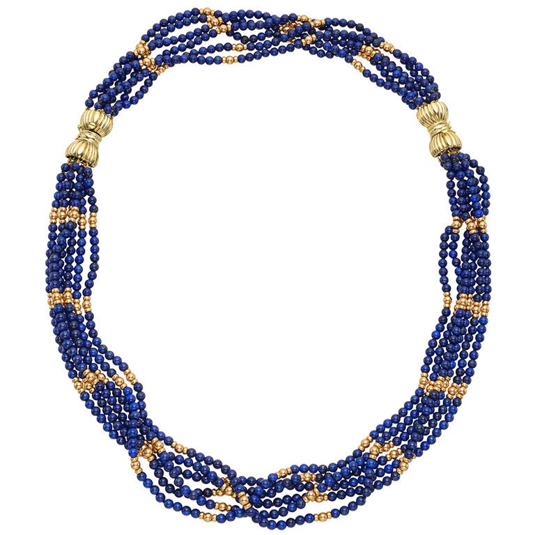 Tiffany & Co. Six Strand Lapis Bead Gold Necklace