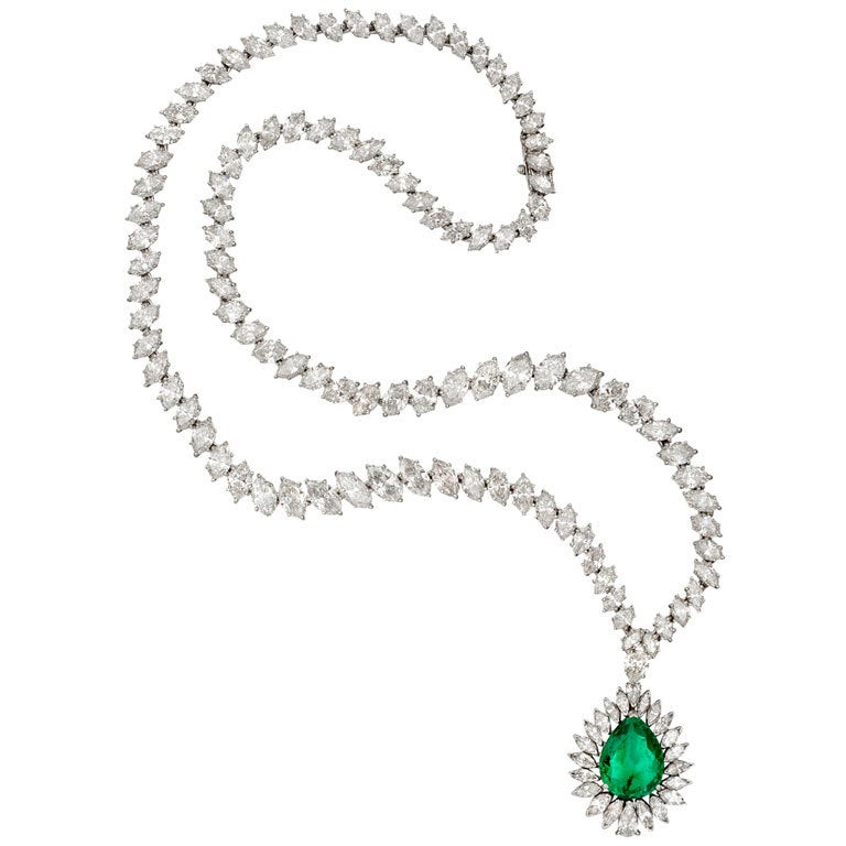 HARRY WINSTON Magnificent Diamond Necklace with Emerald & Diamond Pendant