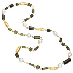 VERDURA Gold Tourmaline and Pearl Bead Long Necklace