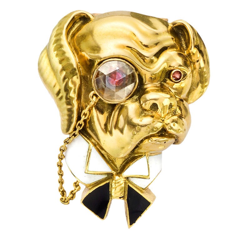 VAN CLEEF & ARPELS Gold, Enamel & Diamond Bulldog Pin For Sale