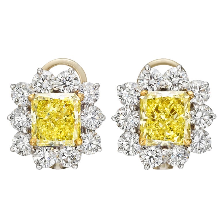 Fancy Intense Yellow Diamond & White Diamond Cluster Earrings