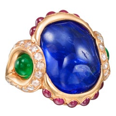 Burmese Sapphire, Emerald & Ruby Cocktail Ring