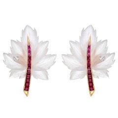 TIFFANY & CO Carved Rock Crystal Leaf Earclips with Ruby Stem