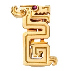 CARTIER Gold 'Aztec' Lapel Clip with Ruby