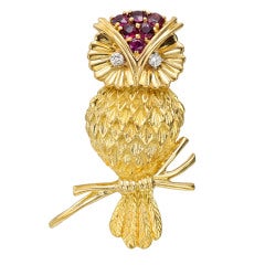 TIFFANY & CO Gold & Gem-Set Owl Pin