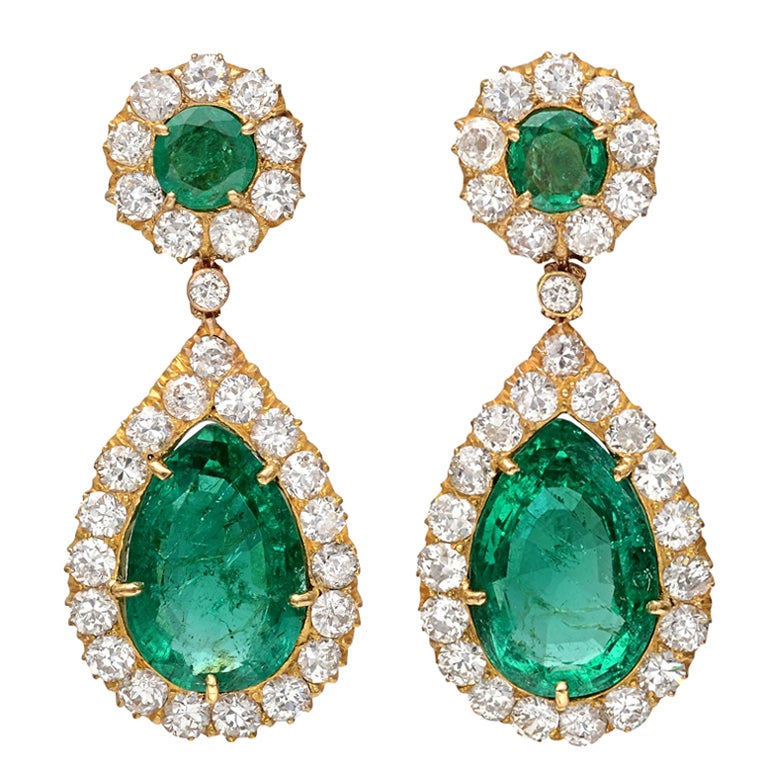 Pear-Shaped Emerald & Diamond Pendant Earrings For Sale