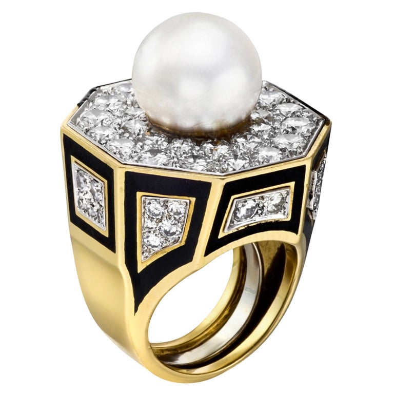 DAVID WEBB South Sea Pearl, Diamond & Black Enamel Dress Ring For Sale