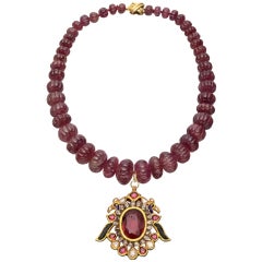 Vintage Unique Ruby Bead Necklace with Gem-Set Indian Pendant