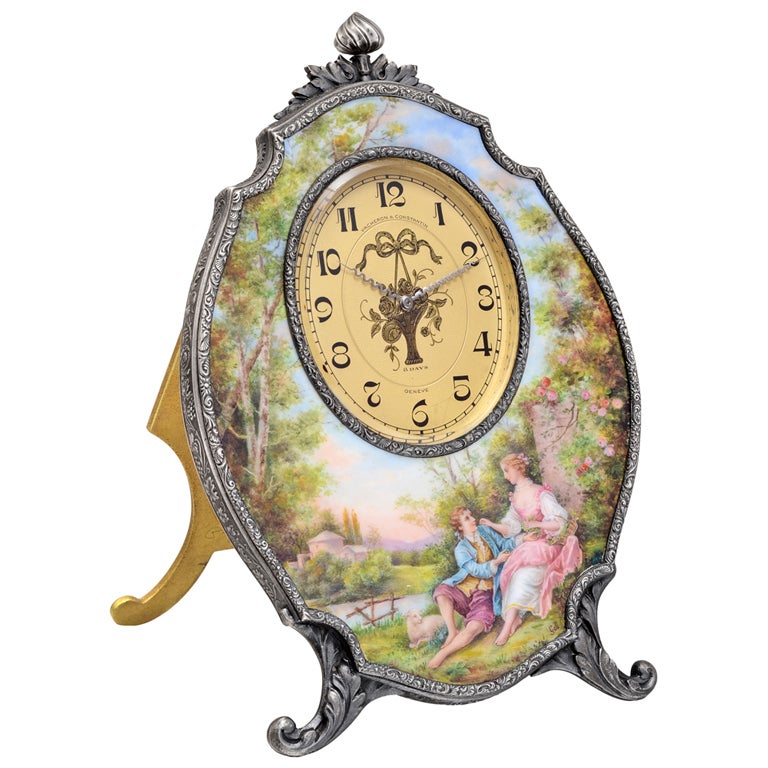 VACHERON & CONSTANTIN Ornate Silver and Enamel 8-Day Table Clock For Sale