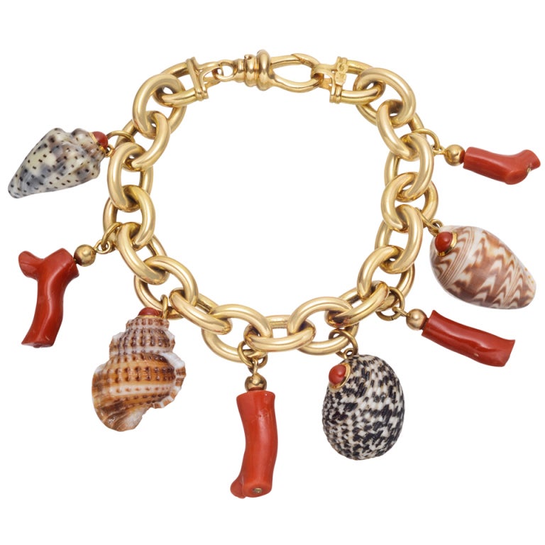 TRIANON Gold Shell & Coral Charm Bracelet