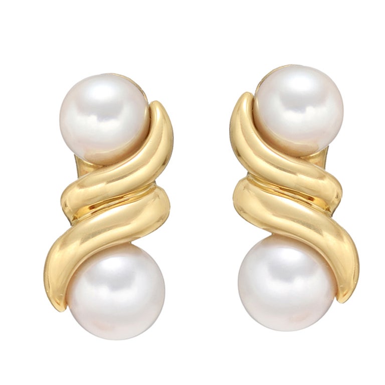BULGARI Gold & Pearl Scroll Earrings For Sale