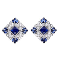 LUCIE CAMPBELL Square-Shaped Sapphire & Diamond Stud Earrings