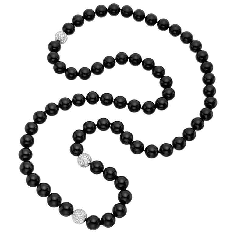 Black Onyx & Pavé Diamond Bead Long Necklace