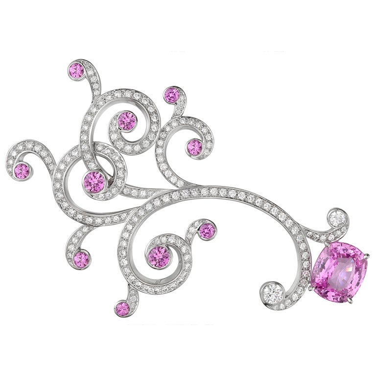 CARTIER Pink Sapphire & Diamond "Saison" Brooch For Sale