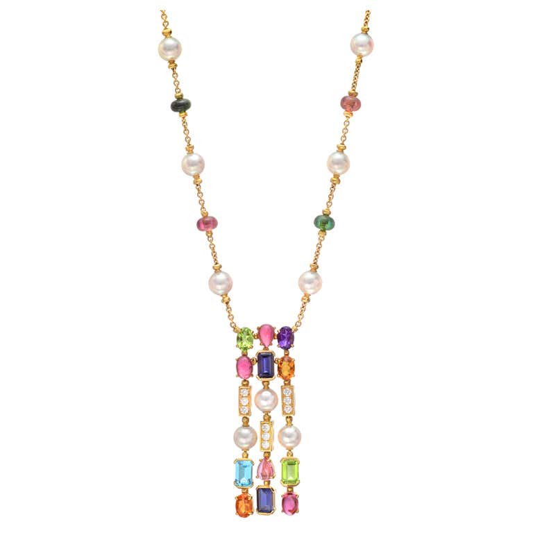 BULGARI 3-Row Multicolored Gemstone Pendant Necklace at 1stDibs