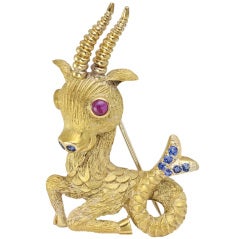 Whimsical Gold & Gem-Set Capricorn Goat Pin