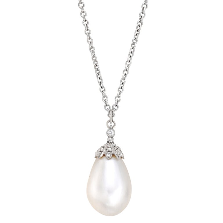 Elegant Natural Pearl & Diamond Pendant For Sale