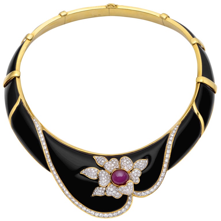 Black Onyx Choker with Ruby & Pavé Diamond Floral Pattern