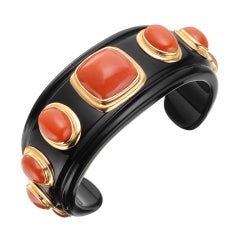 Carved Black Onyx & Coral Cuff Bracelet