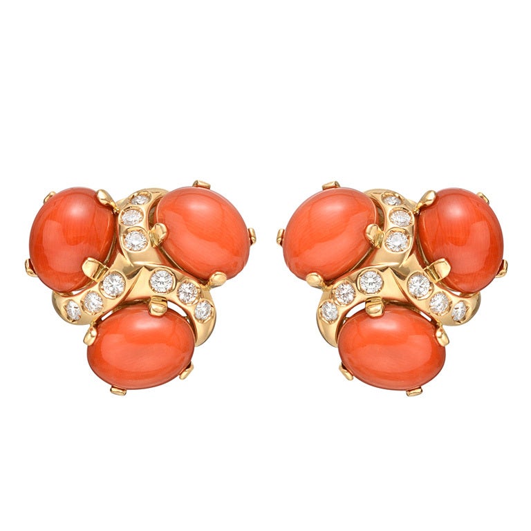 Verdura "Three Stone" Cabochon Coral & Diamond Earclips