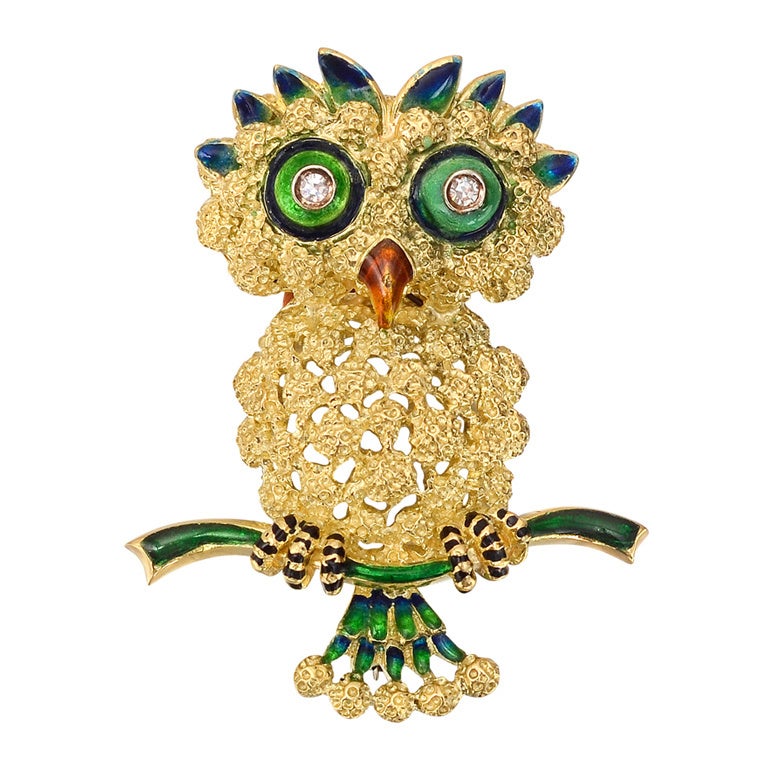 Whimsical Gold And Enamel Owl Pin At 1stdibs