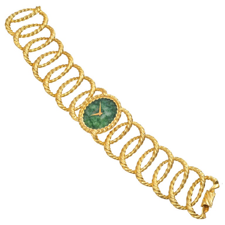 Piaget Lady's Yellow Gold Oval Bracelet Watch with Jade Dial