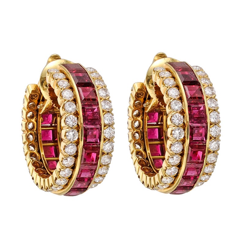 Van Cleef & Arpels Invisible-Set Ruby & Diamond Hoop Earclips For Sale