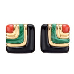 A Pair of Gold, Malachite, Onyx & Coral Earclips
