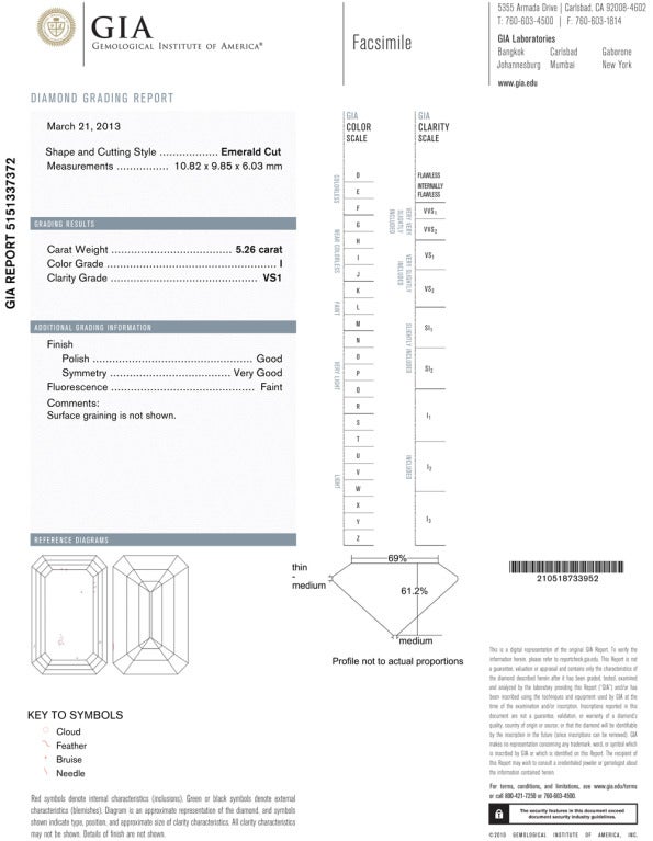 Diamond engagement ring, centering on an emerald-cut diamond weighing 5.26 carats, with tapered baguette cut diamond shoulders, mounted in platinum. Comes with GIA certificate. Re-sizable.

Diamond Summary:
Shape: Emerald
Measurements: 10.82 x