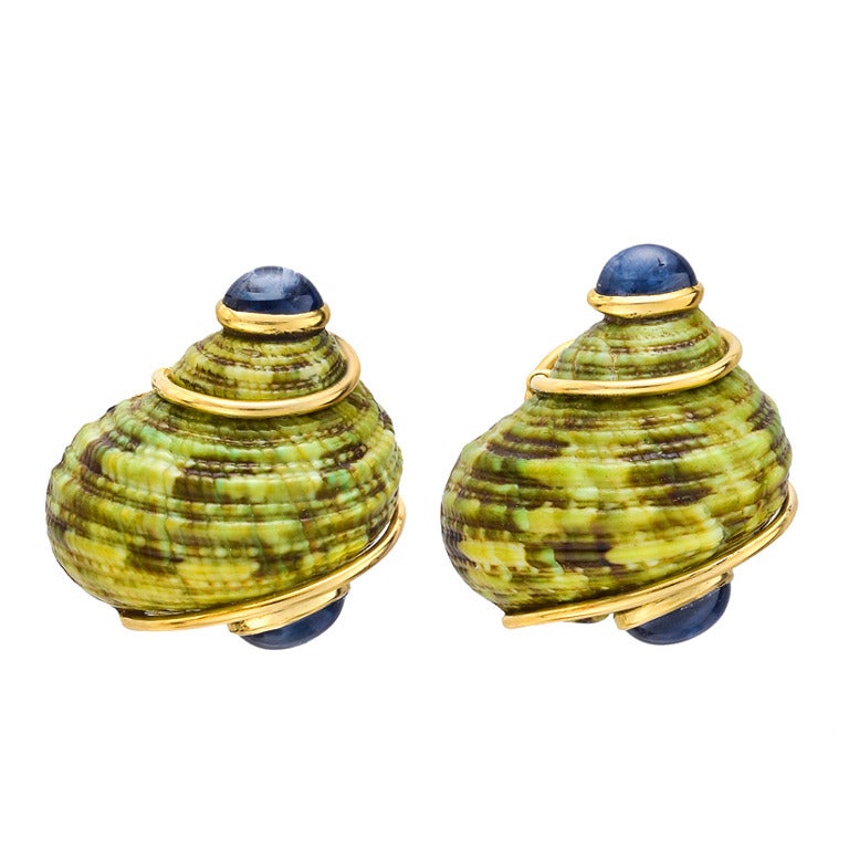 SEAMAN SCHEPPS Green Mottled Shell Earclips with Sapphire Caps at 1stDibs